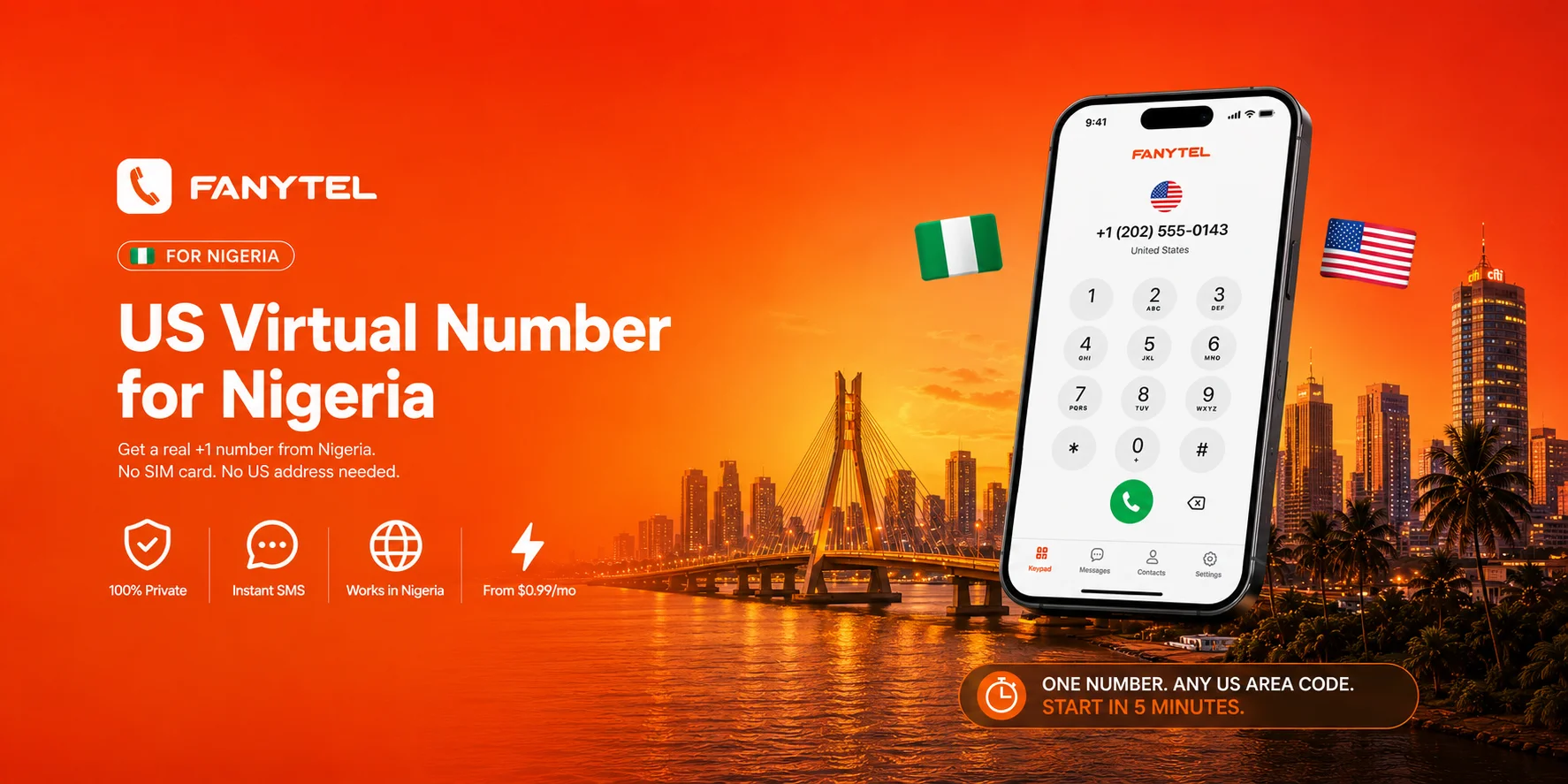 Nigerian professional using Fanytel app to get a US virtual phone number on his smartphone at a café