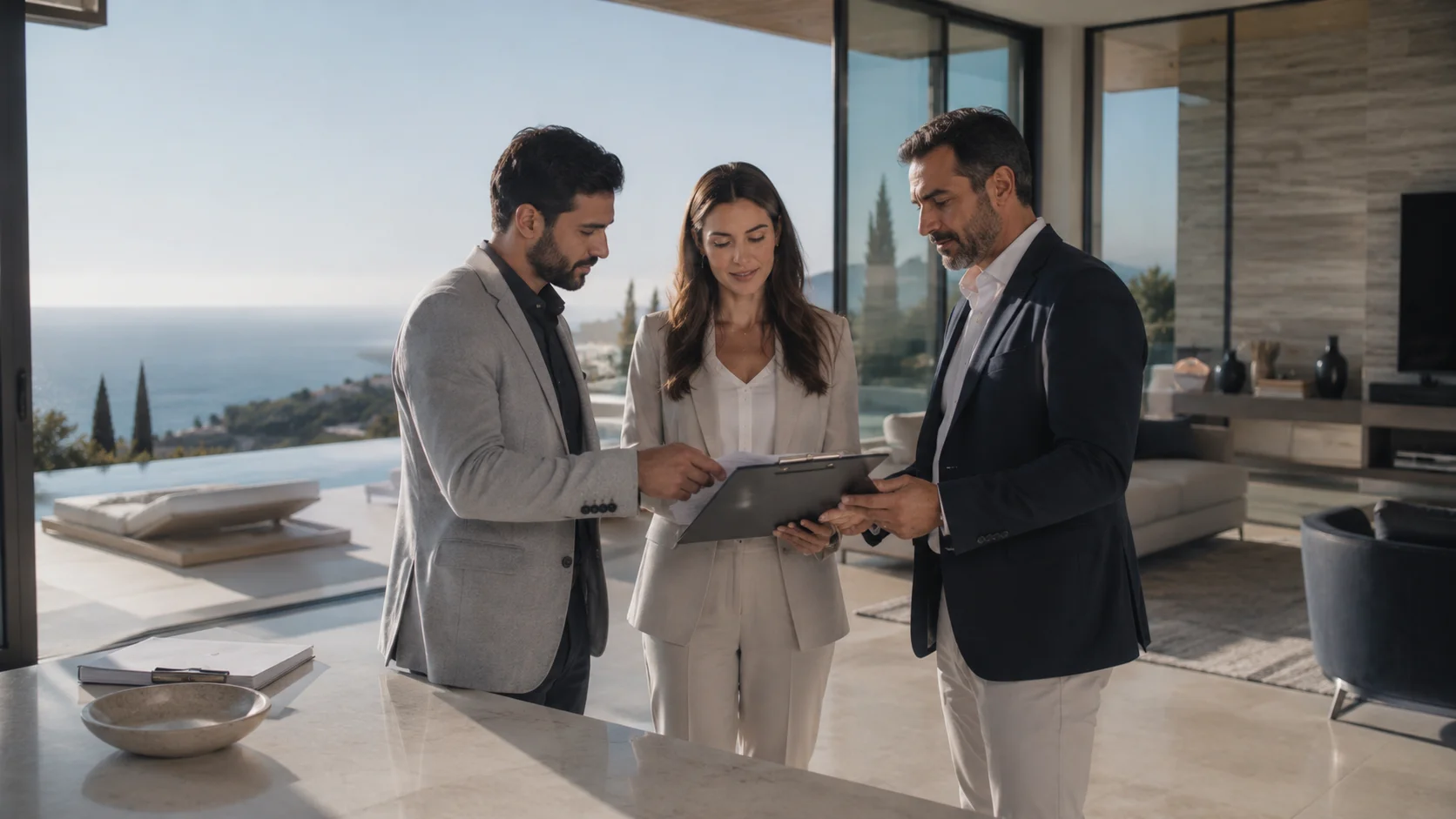 Paragon project management team reviewing villa design drawings with client