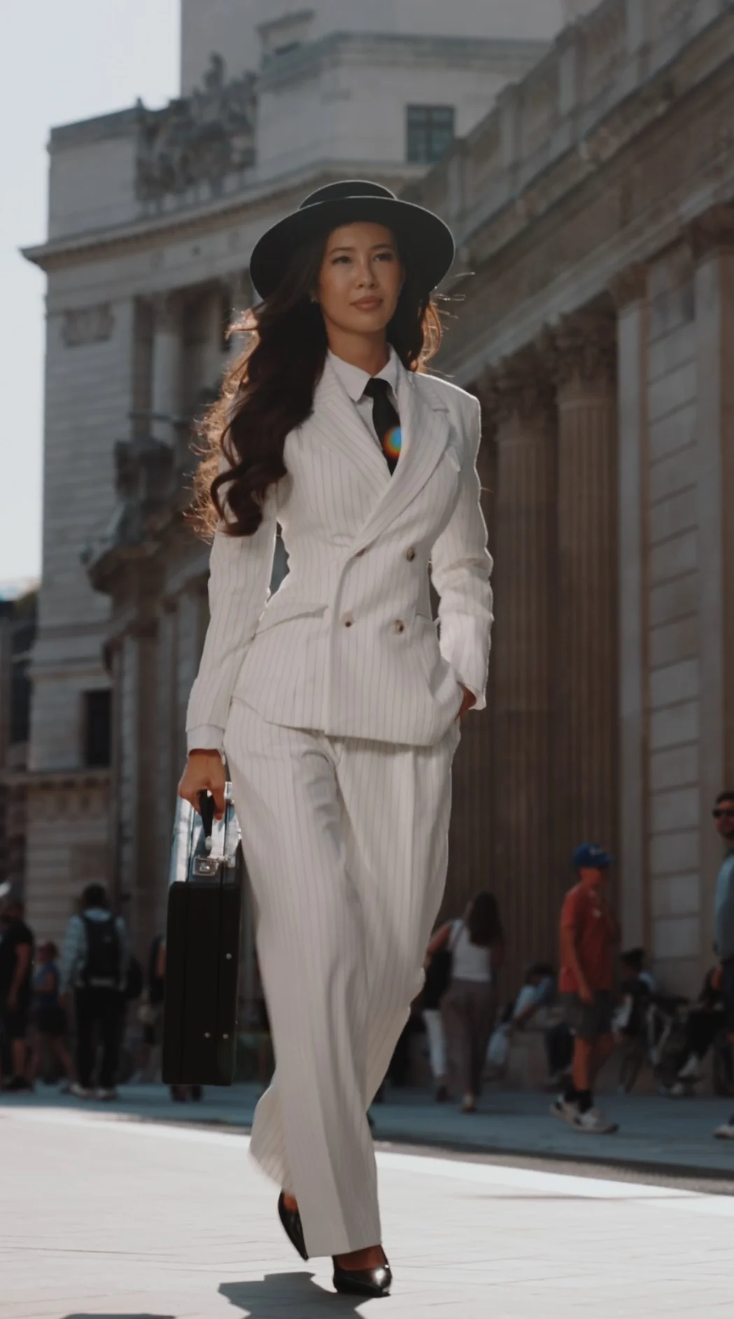 NOA founder Lily walking through London during the brand story shoot by We Stream