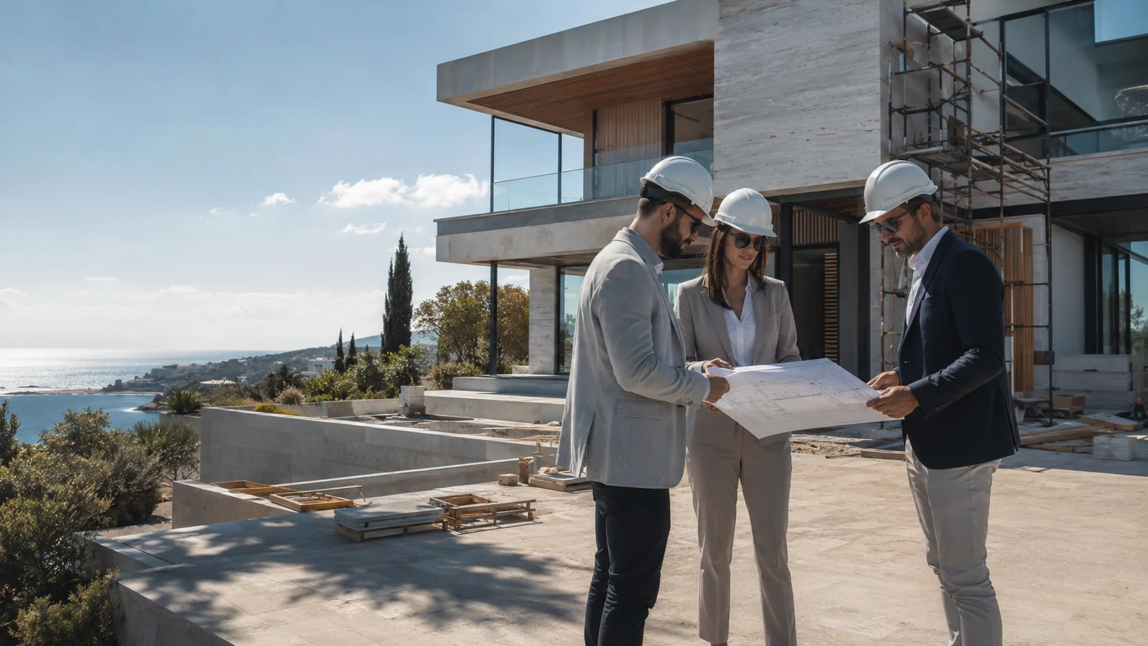 Construction project management team reviewing blueprints on a villa site in Cyprus