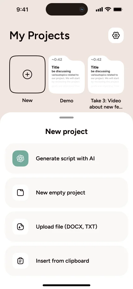 AI Teleprompter — My Projects screen