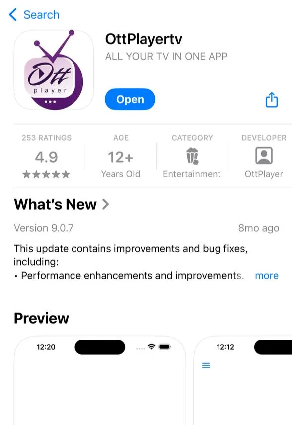 Карточка приложения OttPlayertv в App Store: кнопка Open, рейтинг 4.9, разработчик OttPlayer, версия 9.0.7