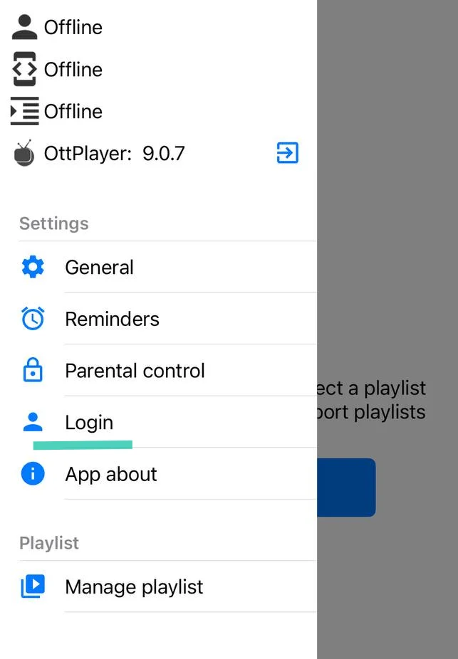 Меню приложения OTT Player на iPhone: раздел Settings с пунктами General, Reminders, Parental control, Login, App about и раздел Playlist