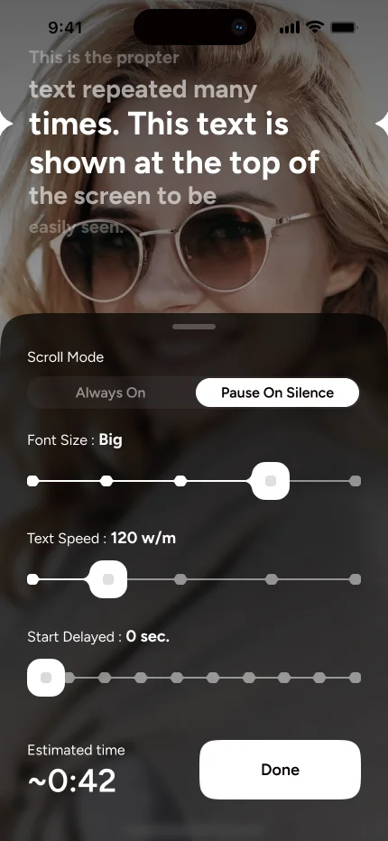 AI Teleprompter — Scroll settings screen