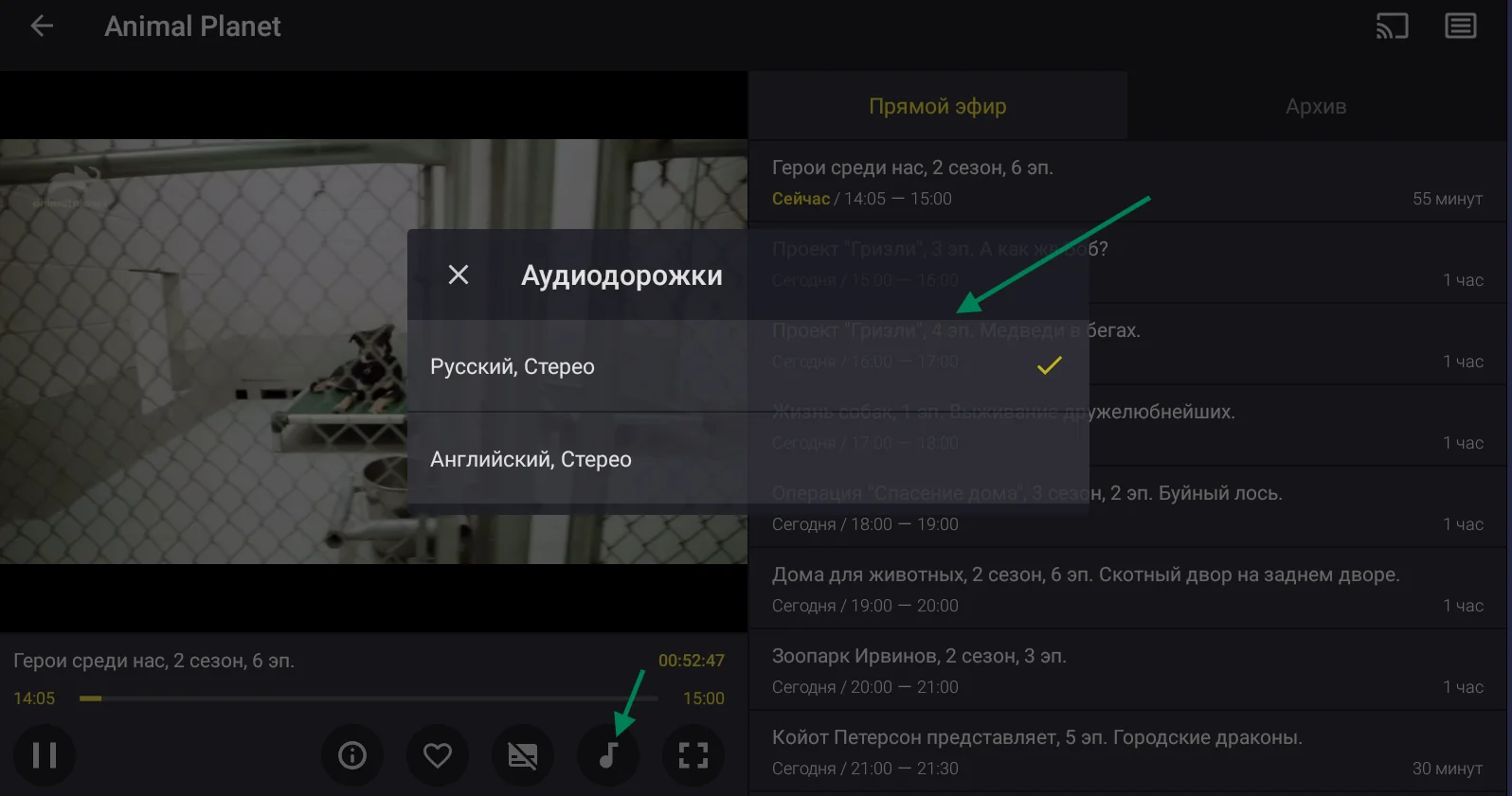 Выбор звуковой дорожки на канале в Televizo