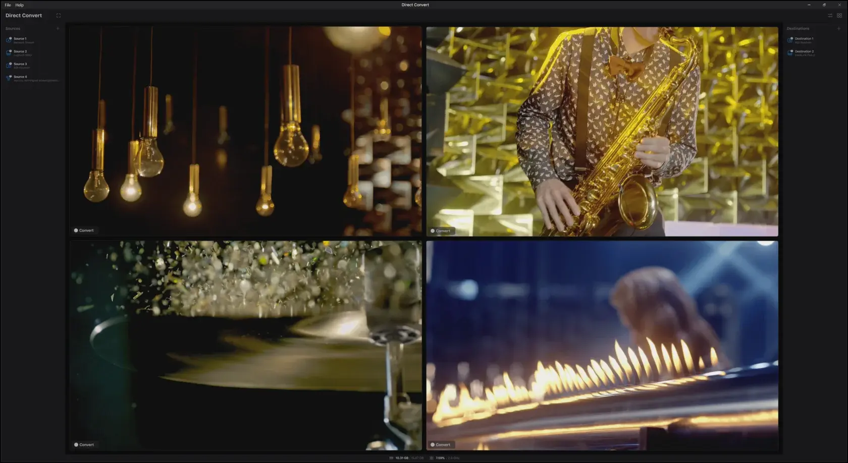 Direct Convert main interface showing Sources list, channel multiview, and Destinations list