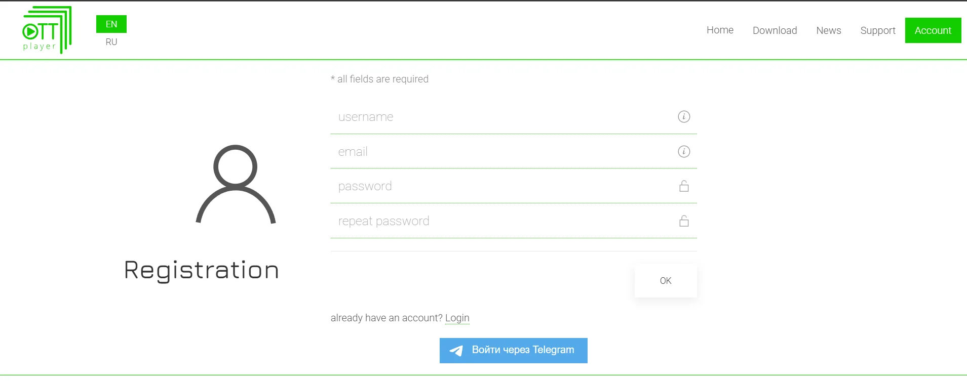 Страница Registration на сайте ottplayer.tv: поля username, email, password, repeat password и кнопка OK